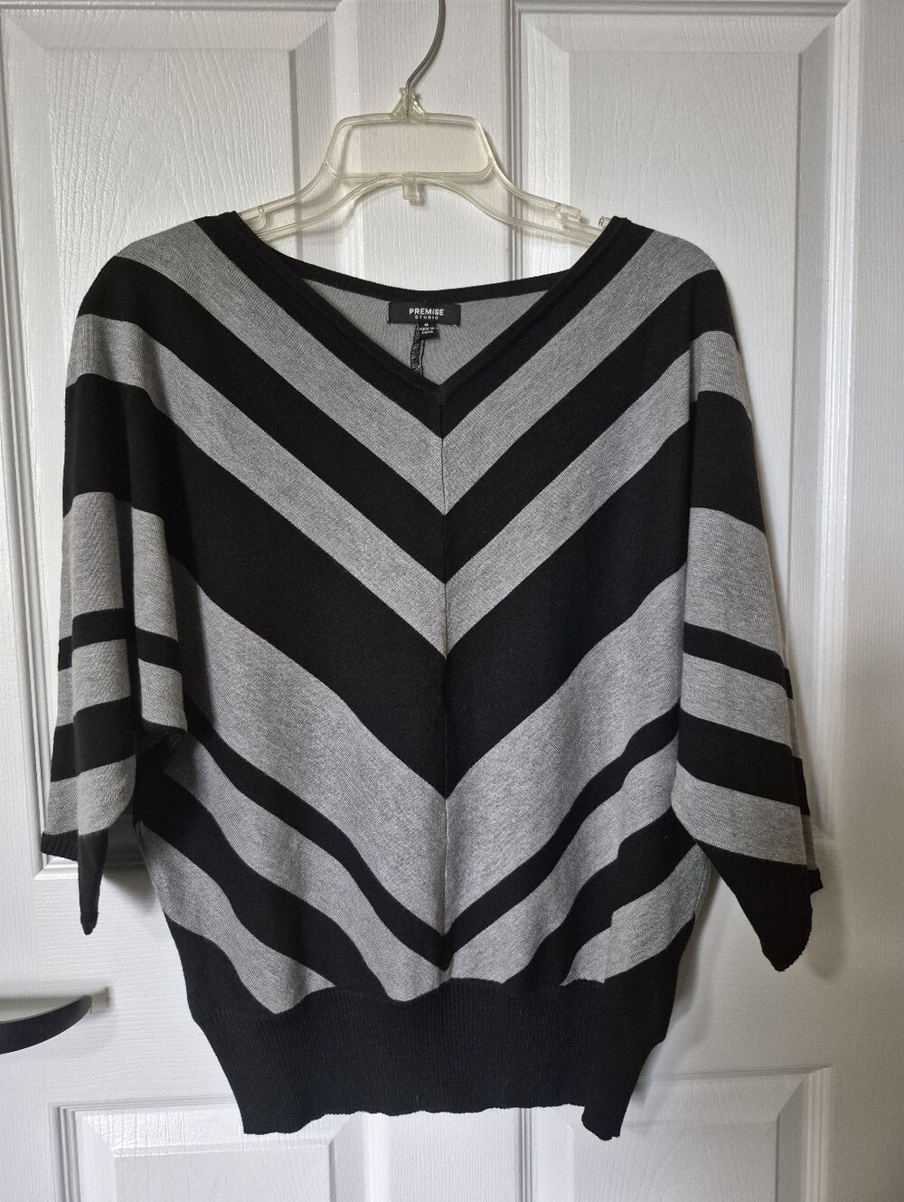 Premier Designs Black & Gray Striped V-Neck Sweater